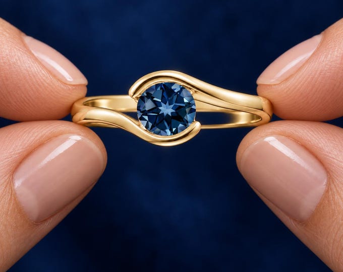 1 CT Round Blue Lab Grown Diamond Ring, Bypass Engagement Ring, Yellow Rose or White Gold, Unique Bridal Ring