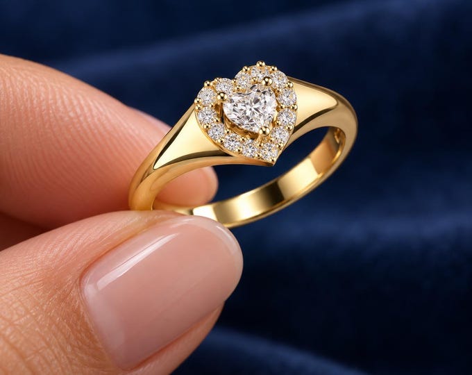 0.75 CT Heart Cut Lab Grown Diamond Halo Ring, Solid Gold Engagement Ring, Romantic Wedding Ring, Fine Jewelry