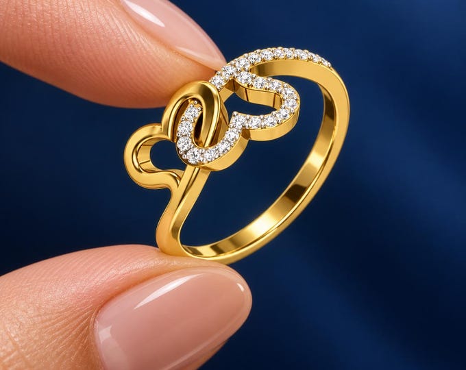 0.25 CT Lab Grown Double Heart Diamond Ring, Dainty Promise Ring, Gold Rose Gold Silver, Anniversary Engagement Gift for Her