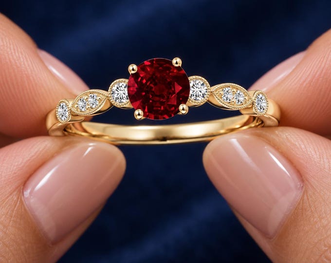 2 CTW Red Gemstone and Lab Grown Diamond Ring, Vintage Inspired Leaf Design, Engagement Ring