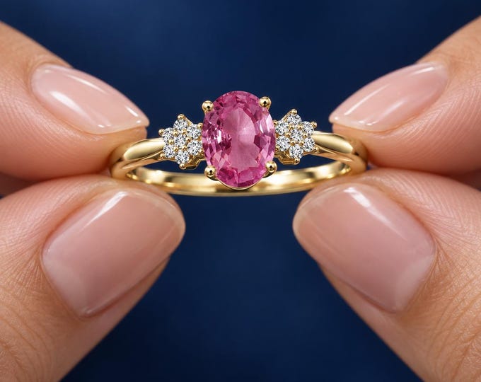 2.60 Ct Pink Sapphire Lab Grown Diamond Ring Oval Gemstone Cluster Engagement Ring 14K Gold
