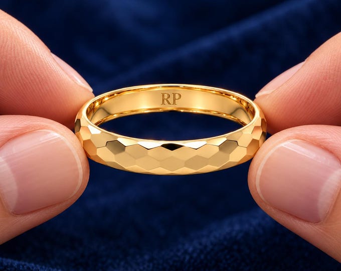 18K Solid Gold Faceted Wedding Band Ring, Hammered Textured Gold Ring, Minimalist Unisex Band, Modern Anniversary Ring