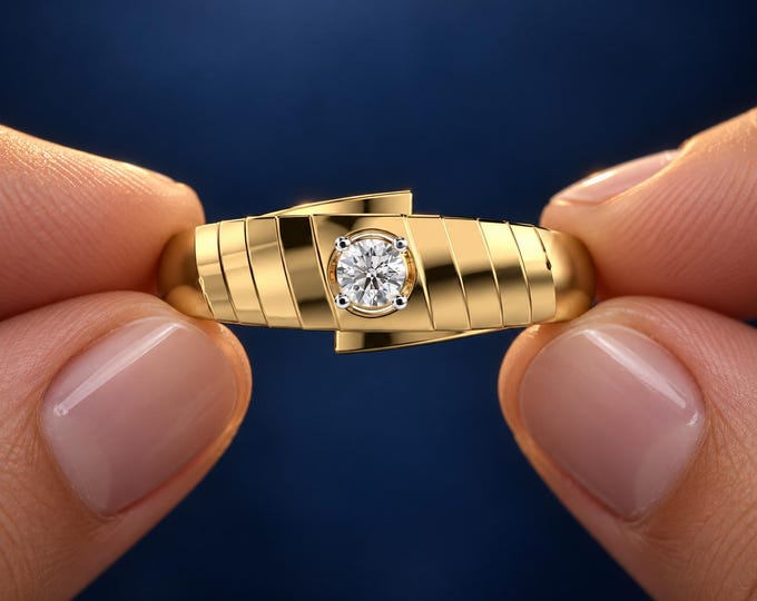 0.75 CT Lab Grown Diamond Men's Ring, Solid Gold Geometric Wide Band, Modern Statement Wedding Ring, Luxury Gift