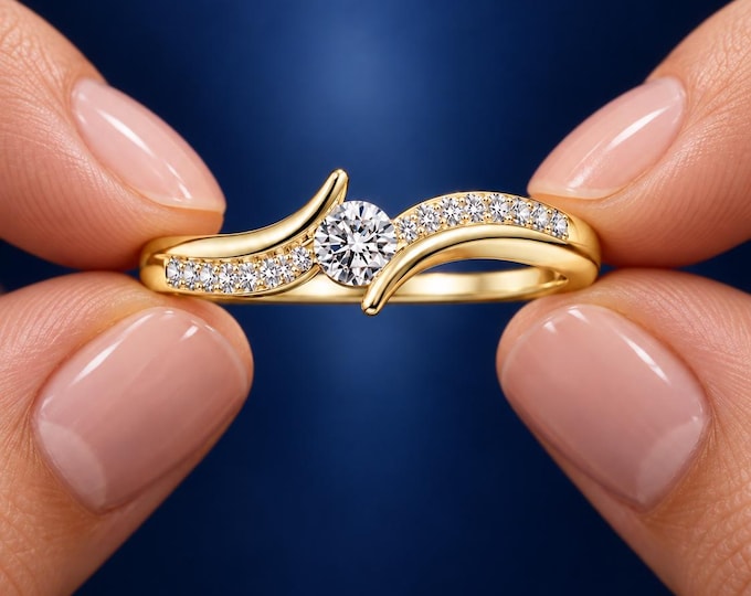 1.10 CT Round Lab Grown Diamond Ring, Swirl Bypass Engagement Ring, Anniversary Gift for Her