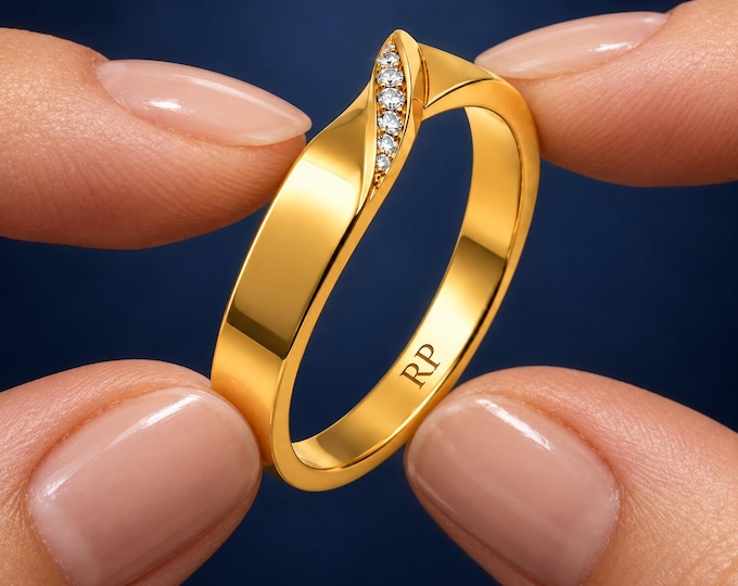 Lab Grown Diamond Curved Band Ring Modern Wedding Ring Solid Gold Statement Anniversary Gift