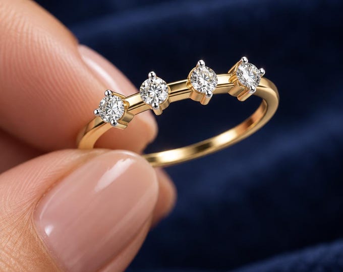 Four Stone Lab Grown Diamond Ring, Round Cut Anniversary Band, Minimalist Solid Gold Ring, Dainty Stackable Ring