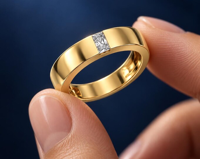 Baguette Cut Lab Grown Diamond Ring, Men's Solid Gold Band, Modern Wedding Ring, Anniversary Gift