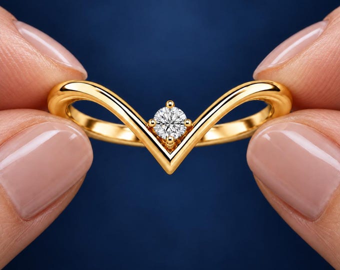 18K Gold 0.25 CT Round Diamond Chevron Ring, Dainty V Shaped Wedding Band, Minimalist Engagement Ring, Available in Rose White Yellow Gold