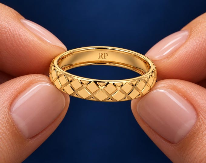 Solid Gold Geometric Pattern Band Ring Textured Lattice Wedding Ring Minimalist Unisex Jewelry