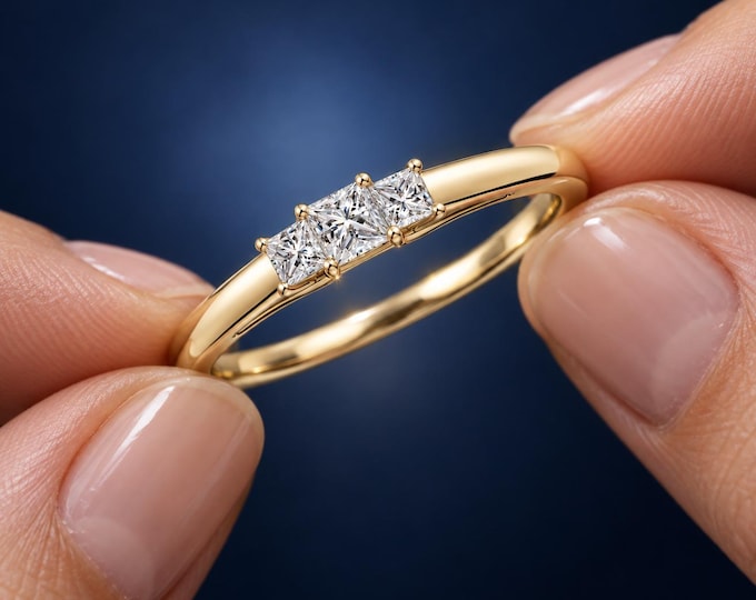 1 Ct Lab Grown Diamond Three Stone Ring Solid Gold Princess Cut Engagement Ring
