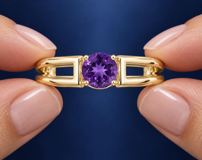 1 Ct Lab Grown Purple Diamond Ring Solid Gold Round Gemstone Statement Jewelry