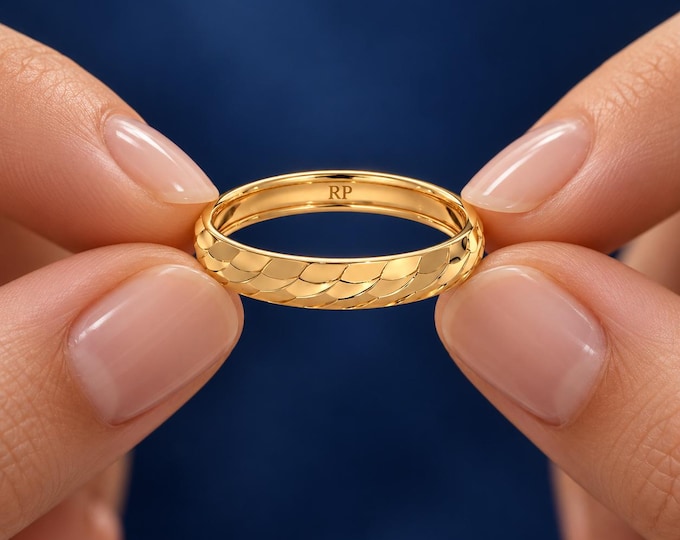 Solid Gold Textured Wedding Band, Fish Scale Pattern Ring, Unisex Gold Wedding Ring, Yellow Rose White Gold Anniversary Band