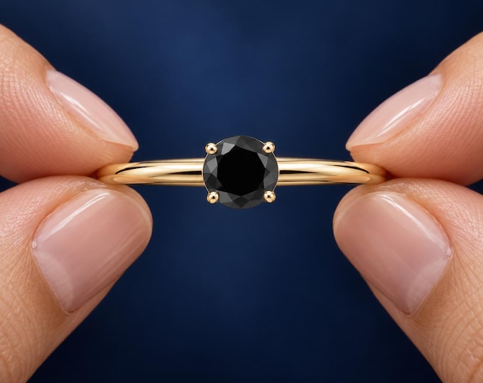 1 Ct Lab Grown Black Diamond Solitaire Ring Round Cut Minimalist Engagement Ring 14K Gold