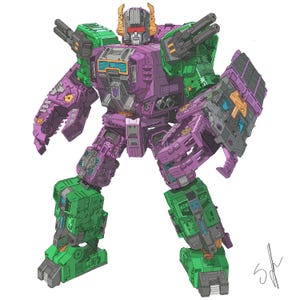 Puede incluir: Una ilustración de una figura de acción robótica con un esquema de colores morado y verde con detalles dorados. El robot tiene un diseño mecánico y robusto con cañones montados en los hombros, manos en forma de garra y un emblema central.