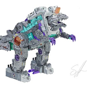 Puede incluir: Una ilustración digital detallada de un robot dinosaurio mecánico con un complejo esquema de colores gris, blanco y morado con detalles en color cerceta. La criatura robótica tiene un gran puerto circular naranja en el costado y extremidades.