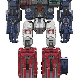 Puede incluir: Una figura de acción de robot grande con un diseño mecánico complejo y placas de armadura en azul oscuro, rojo, gris y blanco. El pecho muestra una insignia Autobot roja, mientras que la cabeza es gris con una visera. Los miembros son articulados.