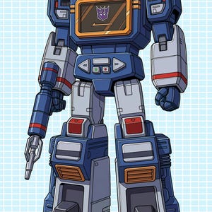 May include: A blue and grey robot action figure with a cassette player chest, red visor, and a shoulder-mounted cannon. The chest features a purple Decepticon logo. The robot has blocky limbs, orange accents on the legs, and a handheld weapon.