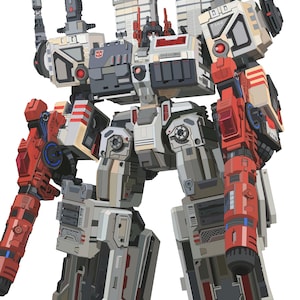 Puede incluir: Una gran figura de acción robótica con un esquema de colores blanco, gris y rojo. El robot tiene múltiples cañones montados en los hombros, grandes blásteres rojos en los brazos y una insignia roja de Autobot en el pecho.