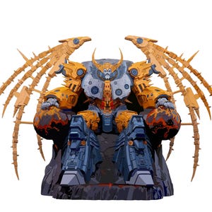 Puede incluir: Una figura robótica con cabeza cornuda, hombreras amarillas y grandes apéndices espinosos en forma de alas, sentada en un trono rocoso oscuro. La figura presenta piernas mecánicas azules y grises, y una placa pectoral con detalles circulares.