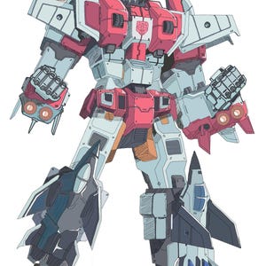 Puede incluir: Una figura robótica con un esquema de colores azul claro, rojo y gris oscuro. El robot presenta estructuras prominentes en forma de alas en los hombros, manos grandes con detalles circulares y componentes tipo jet en las piernas y pies.