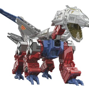 Puede incluir: Una figura de acción de dinosaurio robótico con cabeza blanca, patas rojas y pies azules. El cuerpo tiene detalles mecánicos con una pieza de pecho azul y una cola larga con una aleta azul. Un emblema Autobot rojo y amarillo es visible en el costado.