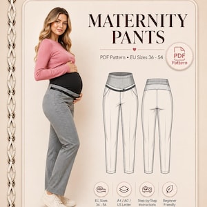 Può includere: Un cartamodello PDF per pantaloni premaman, con un'illustrazione tecnica di pantaloni grigi con una fascia alta nera in vita. Il documento include testo che indica le taglie EU 36-54, i formati A4/A0/US Letter e istruzioni passo dopo passo.