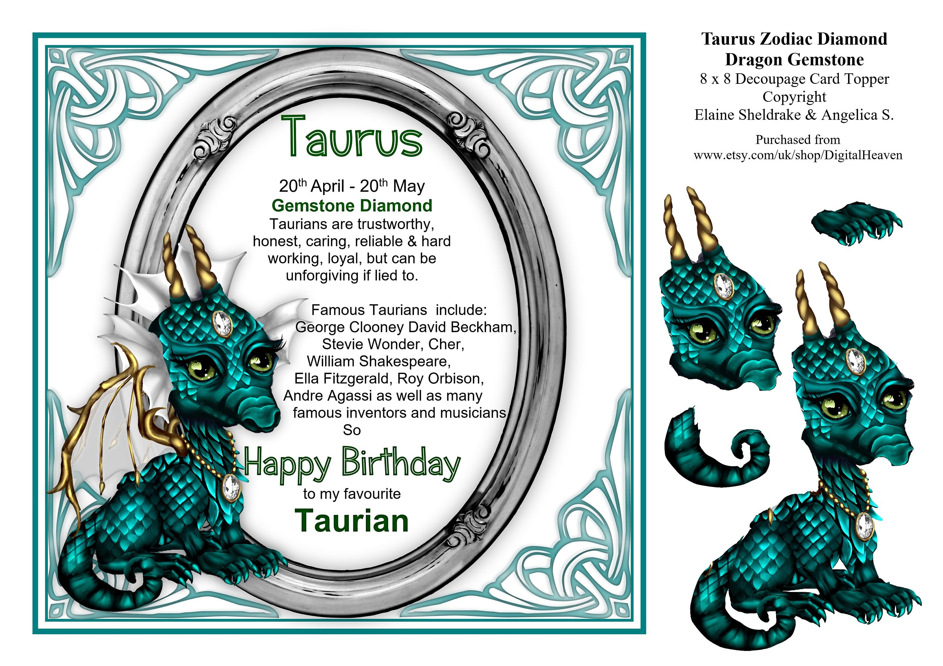8 x 8 Stier Sternzeichen Geburtstag Edelstein Dragon Karte Etsy