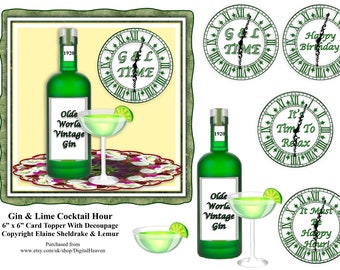 Gin & Lime Cocktail Hour 6" x 6" Card Topper With Decoupage