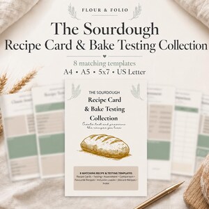Könnte beinhalten: Eine Sammlung von acht Sauerteig-Rezeptkarten und Backtest-Vorlagen in den Formaten A4, A5, 5x7 und US Letter. Die zentrale Karte zeigt eine handgezeichnete Brotillustration, den Titel The Sourdough Recipe Card & Bake Testing Collection und Text.