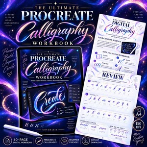 May include: A digital calligraphy workbook for Procreate featuring a dark blue cosmic background with glowing purple and blue text. The cover displays the title The Ultimate Procreate Calligraphy Workbook, while interior pages show alphabet practice guides.