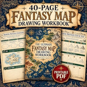 Könnte beinhalten: Ein 40-seitiges Fantasy-Karten-Zeichenarbeitsbuch mit einem zentralen Buchcover, das eine detaillierte Kartenillustration zeigt, flankiert von zwei offenen Seiten mit Schritt-für-Schritt-Anleitungen und einem roten druckbaren PDF-Siegel.