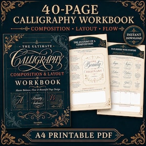 Può includere: Un quaderno di calligrafia di 40 pagine con copertina blu scuro, decorazioni dorate e il testo The Ultimate Calligraphy Composition & Layout Workbook. Include pagine interne con istruzioni e aree di pratica per la calligrafia.