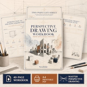 May include: A 40-page perspective drawing workbook titled Perspective Drawing Workbook: Master Depth, Space & Structure by NovaHabit. The cover features a technical architectural illustration with geometric shapes and watercolour accents.