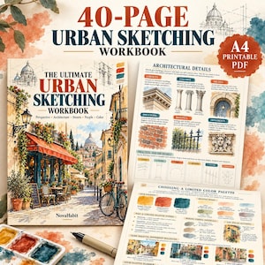 Op de afbeelding: Een 40-pagina tellend A4 printbaar werkboek voor urban sketching met een omslag met een straatscène, binnenpagina's met architecturale details zoals kroonlijsten en zuilen, en een kleurenpaletgids met een set aquarelverf.