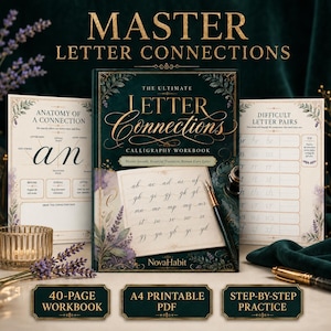 Könnte beinhalten: Ein dunkelgrünes Kalligrafie-Arbeitsbuch mit dem Titel The Ultimate Letter Connections von NovaHabit, verziert mit goldenem Text, floralen Akzenten und Lavendel-Illustrationen. Enthält zwei zusätzliche Seiten zur Anatomie von Buchstabenverbindungen.