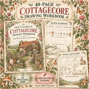 Può includere: Un quaderno di esercizi di disegno cottagecore di 40 pagine con lezioni passo dopo passo per disegnare funghi e conigli. La copertina mostra un cottage in pietra con giardino, mentre le pagine interne presentano schizzi e testi didattici.