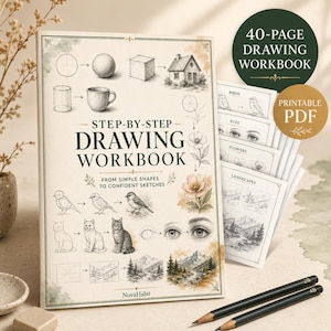 Può includere: Un quaderno di esercizi di disegno di 40 pagine con copertina color crema che presenta tutorial di schizzi passo dopo passo per forme, uccelli, gatti e paesaggi. La copertina include il testo Step-by-Step Drawing Workbook e NovaHabit.