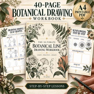 Könnte beinhalten: Ein 40-seitiges botanisches Zeichenarbeitsbuch im A4-PDF-Druckformat. Das Cover zeigt schwarz-weiße Illustrationen einer Rose, einer Tulpe und eines Ginkgoblattes. Die Innenseiten enthalten Schritt-für-Schritt-Anleitungen zum Zeichnen von Blattformen.