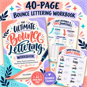 Può includere: Un quaderno di esercizi di lettering di 40 pagine con una copertina colorata che riporta il testo The Ultimate Bounce Lettering Workbook, insieme a due pagine interne che mostrano tratti e esercizi di scrittura in formato A4.