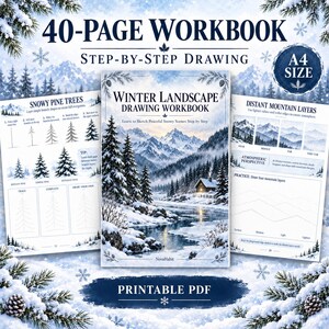 Può includere: Un quaderno di esercizi di disegno di paesaggi invernali di 40 pagine in formato A4 PDF. La copertina mostra una scena di montagna innevata con una baita e un fiume. Le pagine interne forniscono istruzioni passo dopo passo per disegnare pini.