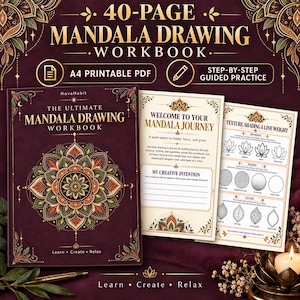 May include: A 40-page mandala drawing workbook featuring a dark purple cover with a gold mandala illustration. The workbook includes interior pages with step-by-step guided practice, sections for creative intentions, and lessons on texture, shading, and line weight.