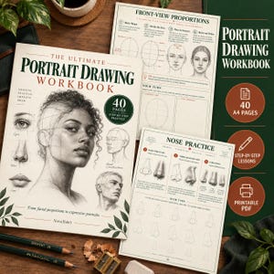 Könnte beinhalten: Ein Porträtzeichen-Arbeitsbuch mit einem Cover, das eine Graphitskizze einer Person, Diagramme von Gesichtszügen und den Text The Ultimate Portrait Drawing Workbook zeigt. Enthält Innenseiten mit Übungen zu Nasen und Gesichtsproportionen.