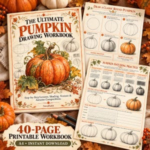Könnte beinhalten: Ein Zeichenarbeitsbuch mit dem Titel The Ultimate Pumpkin Drawing Workbook mit Schritt-für-Schritt-Anleitungen zu Schattierung und Textur. Das Cover zeigt eine große orangefarbene Kürbisillustration sowie zwei Übungsblätter mit Skizzenschritten.