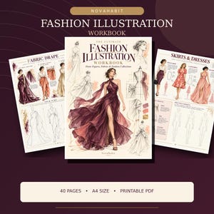 Könnte beinhalten: Ein 40-seitiges, als PDF druckbares Mode-Illustrations-Arbeitsbuch im A4-Format von Novahabit. Das Cover zeigt eine zentrale Illustration einer Figur in einem fließenden dunkelroten Kleid, umgeben von Skizzen und erklärendem Text.