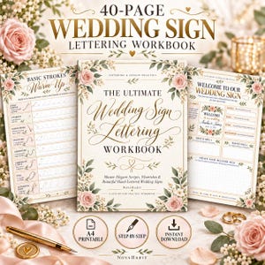 Può includere: Un quaderno di esercizi di 40 pagine per la calligrafia di cartelli nuziali con bordi floreali di rose rosa e foglie verdi. La copertina mostra il testo The Ultimate Wedding Sign Lettering Workbook e le pagine interne tratti base.