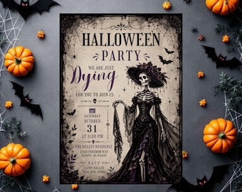 Może przedstawiać: Prostokątne zaproszenie na imprezę Halloween z postacią szkieletu w czarnej sukni i kapeluszu. Tekst brzmi: HALLOWEEN PARTY, WE ARE JUST DYING FOR YOU TO JOIN US, SATURDAY OCTOBER 31 AT 8:30 PM, THE KELLEY RESIDENCE, 2343 FREEDOM WAY, ALBANY, GA 45456, R.S.V.P CATHY KELLEY 555.666.8888.