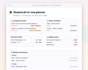 Notion Student Planner Template | All-in-One College Planner, Assignment Tracker, GPA Calculator, Study Planner, Digital Planner for Student