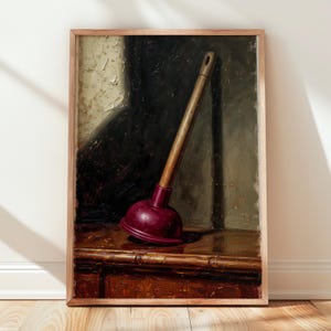 Burgundy Plunger Still Life Print Moody Gallery Poster Dark Academia Bathroom Decor Guest Loo Humor Wall Art Museum Parody Bath Print