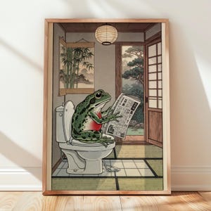 Side View Frog Toilet Reading Woodblock Print Narrow Bathroom Poster Bamboo Scroll Wall Art Slim Loo Decor Green Frog Ukiyo e Art