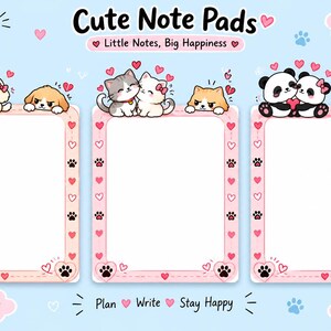 Puede incluir: Tres blocs de notas rectangulares con bordes rosas decorados con patrones de corazones y huellas. La parte superior de cada bloc muestra animales de dibujos animados, incluyendo cachorros, gatitos y pandas. El texto incluye Cute Note Pads, Little Notes, Big Happiness, Write Your Happy Thoughts, Plan Write Stay Happy y Small Notes Brighter Days.